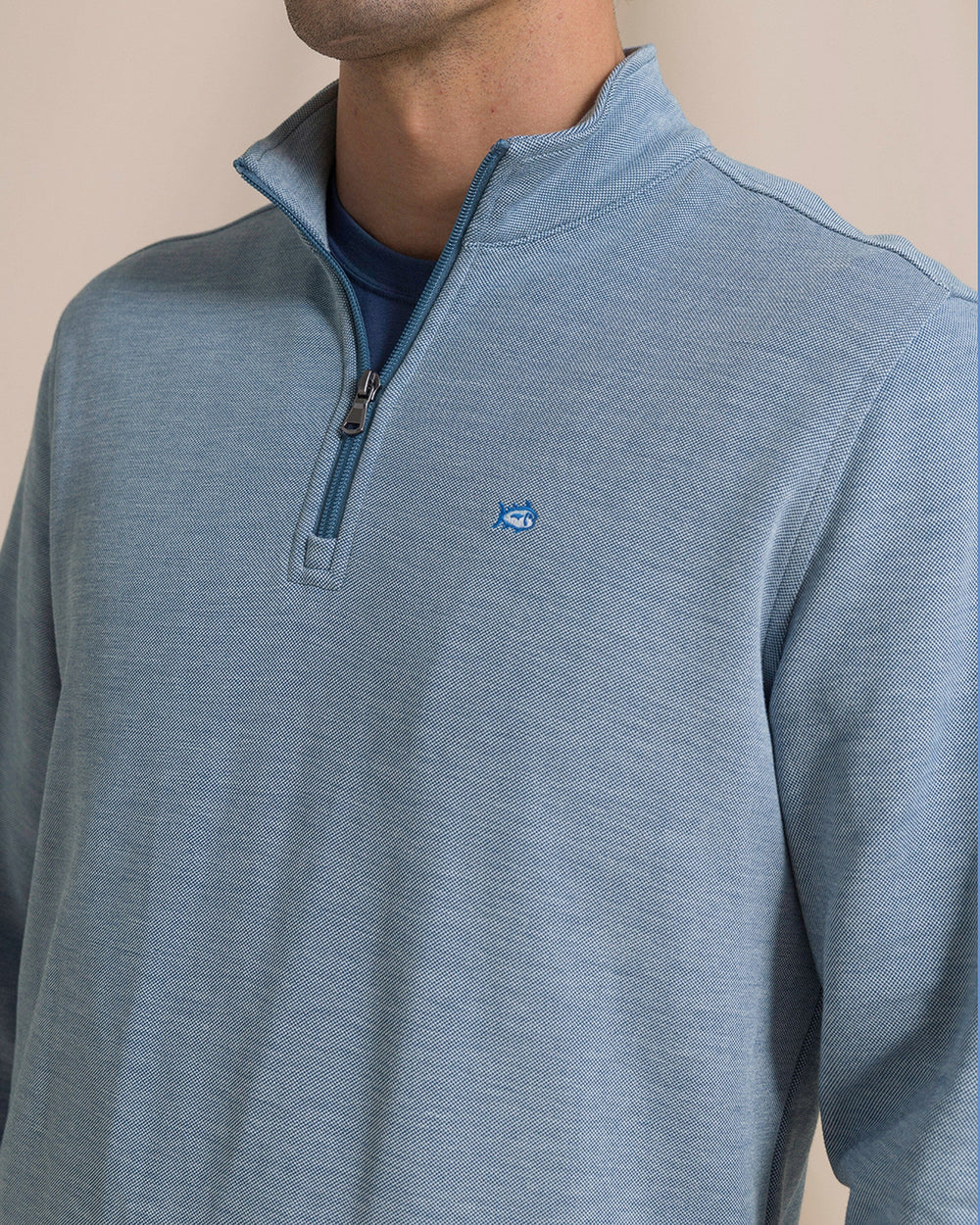 The detail view of the Southern Tide Sandy Cove Pique Quarter Zip by Southern Tide - Nautical Blue