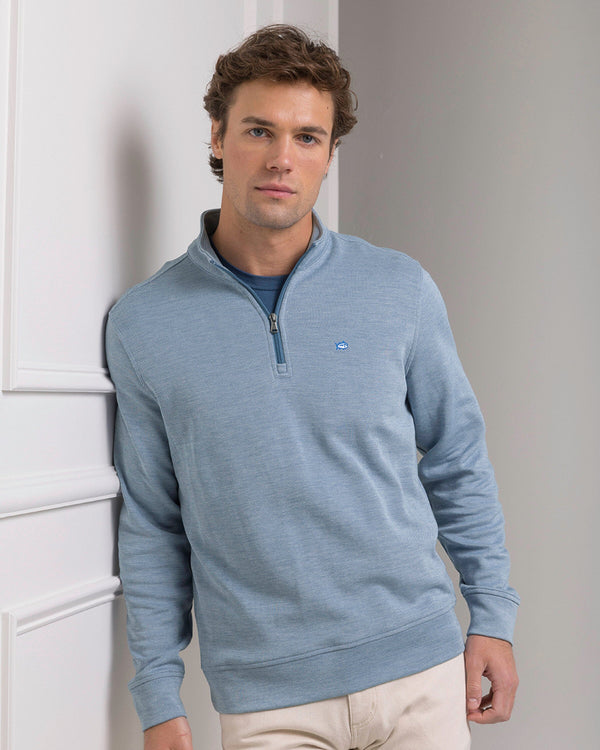The front view of the Southern Tide Sandy Cove Pique Quarter Zip by Southern Tide - Nautical Blue