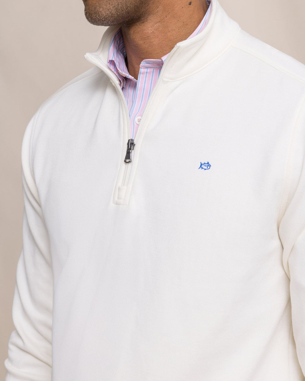 The detail view of the Southern Tide Sandy Cove Pique Quarter Zip by Southern Tide - Sand White