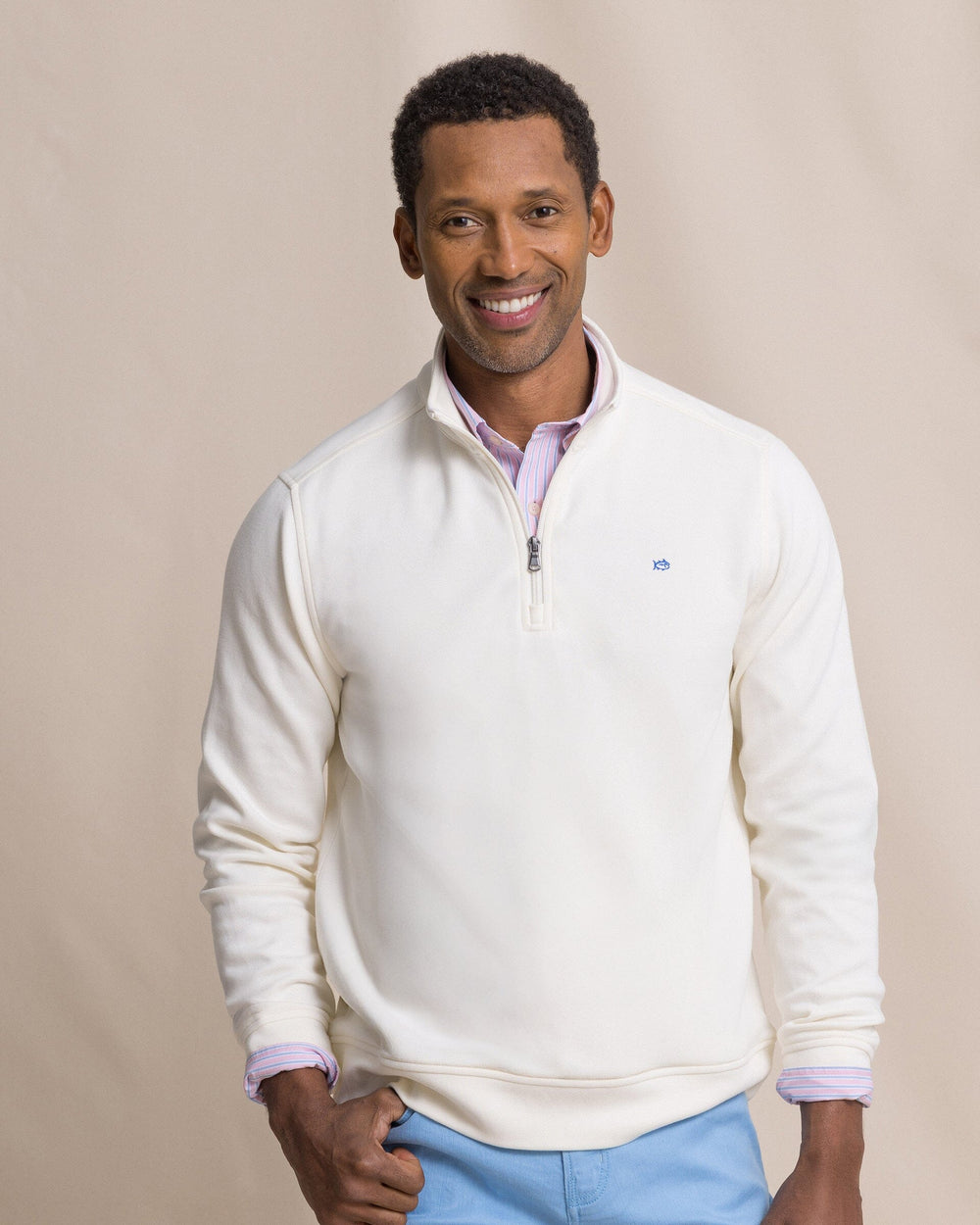 The front view of the Southern Tide Sandy Cove Pique Quarter Zip by Southern Tide - Sand White