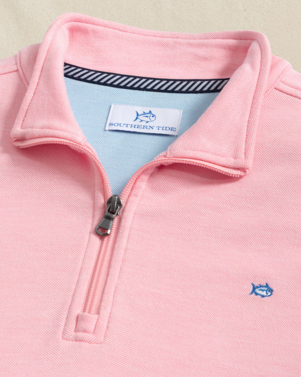 The detail view of the Southern Tide Sandy Cove Pique Quarter Zip by Southern Tide - Sea Pink