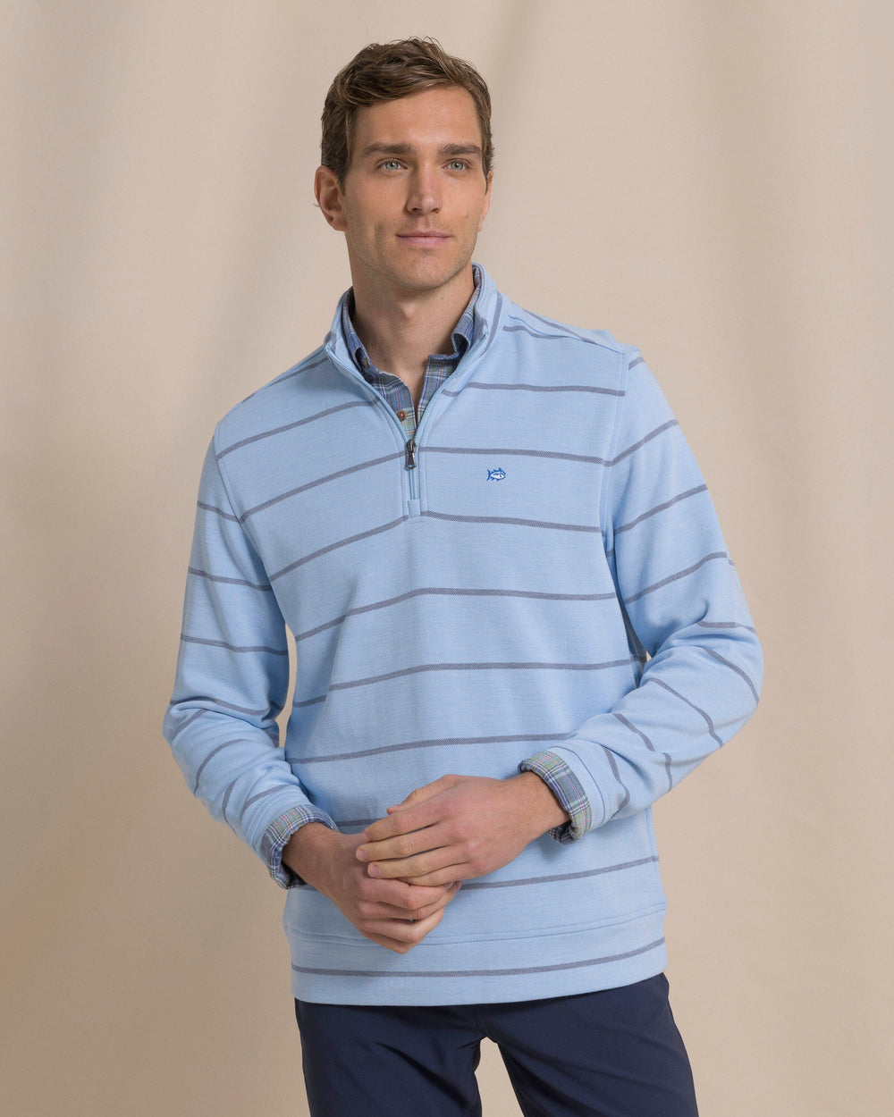 The front view of the Southern Tide Sandy Cove Pique Stripe Quarter Zip by Southern Tide - Ocean Channel