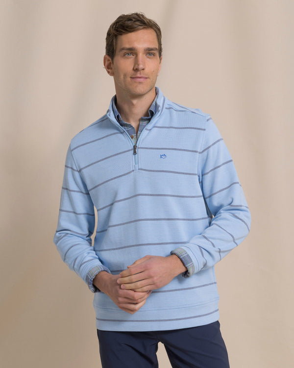 The front view of the Southern Tide Sandy Cove Pique Stripe Quarter Zip by Southern Tide - Ocean Channel