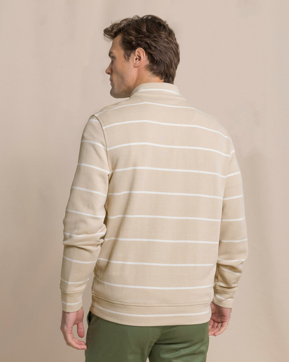 The back view of the Southern Tide Sandy Cove Pique Stripe Quarter Zip by Southern Tide - Safari