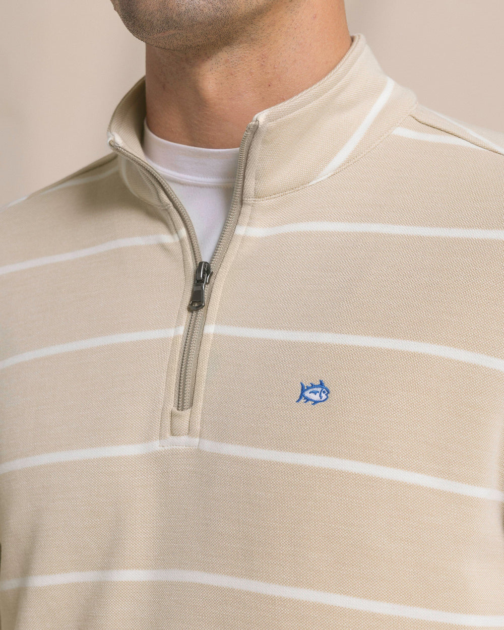 The detail view of the Southern Tide Sandy Cove Pique Stripe Quarter Zip by Southern Tide - Safari
