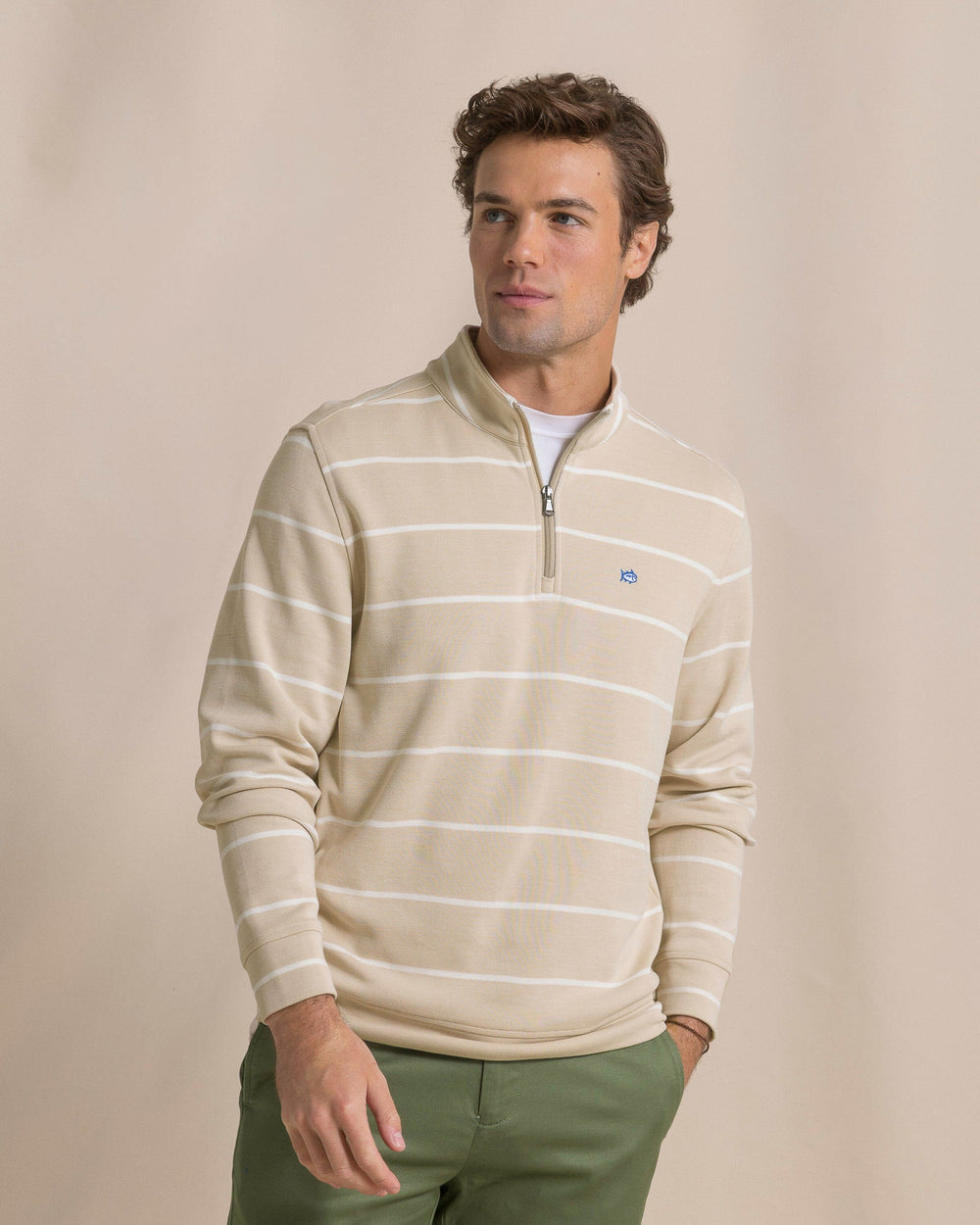 The front view of the Southern Tide Sandy Cove Pique Stripe Quarter Zip by Southern Tide - Safari