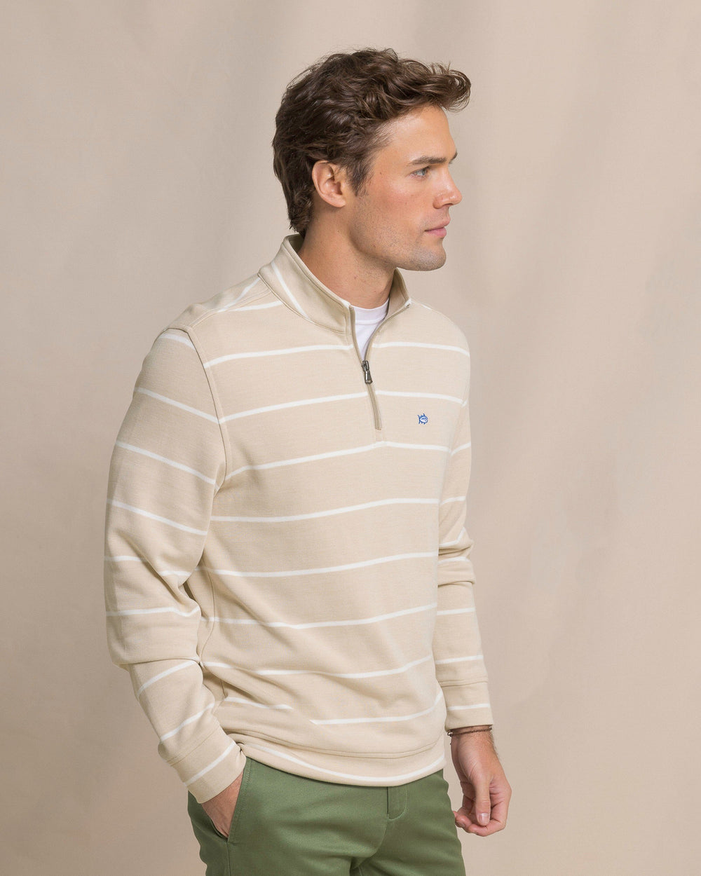 The side view of the Southern Tide Sandy Cove Pique Stripe Quarter Zip by Southern Tide - Safari