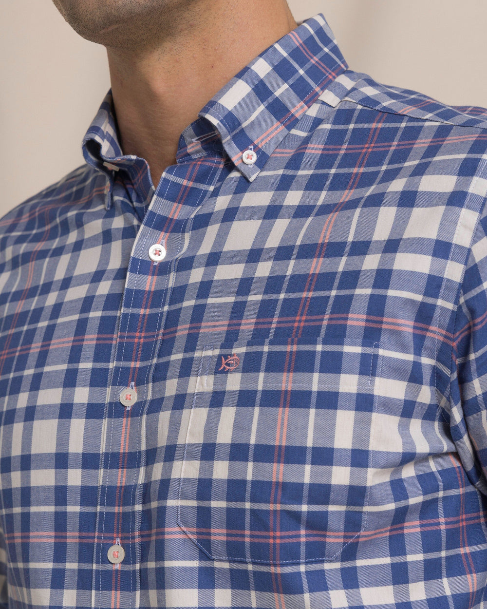 The detail view of the Southern Tide Sandy Shores Heather Skipjack Sport Shirt by Southern Tide - Heather Nautical Blue