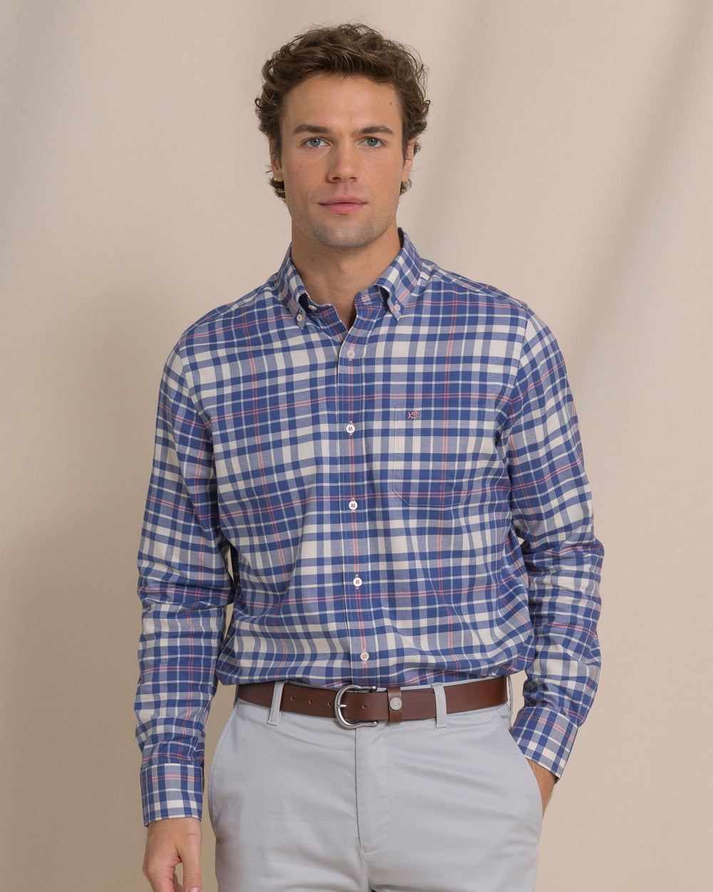 The front view of the Southern Tide Sandy Shores Heather Skipjack Sport Shirt by Southern Tide - Heather Nautical Blue