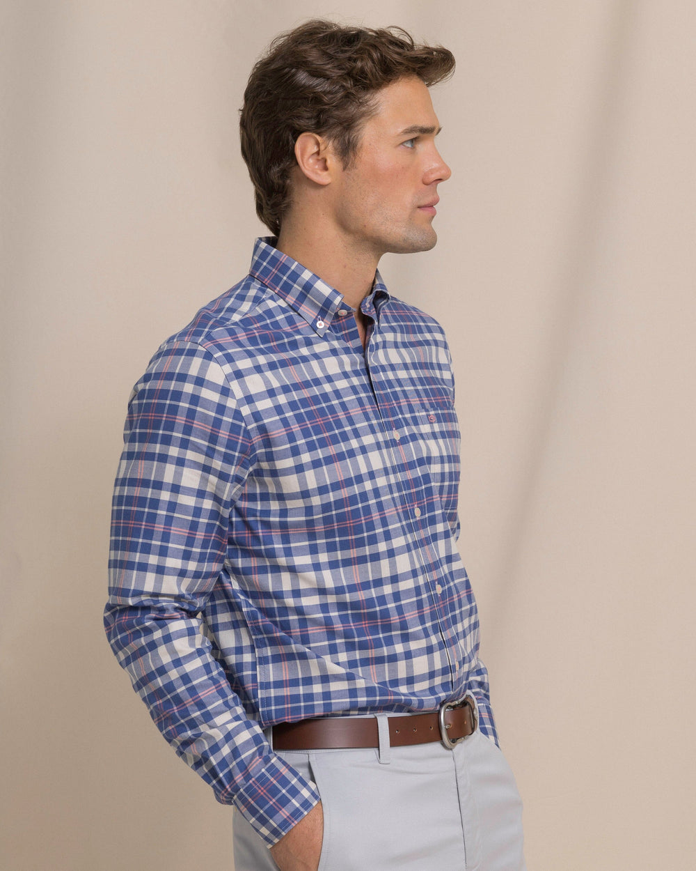 The side view of the Southern Tide Sandy Shores Heather Skipjack Sport Shirt by Southern Tide - Heather Nautical Blue