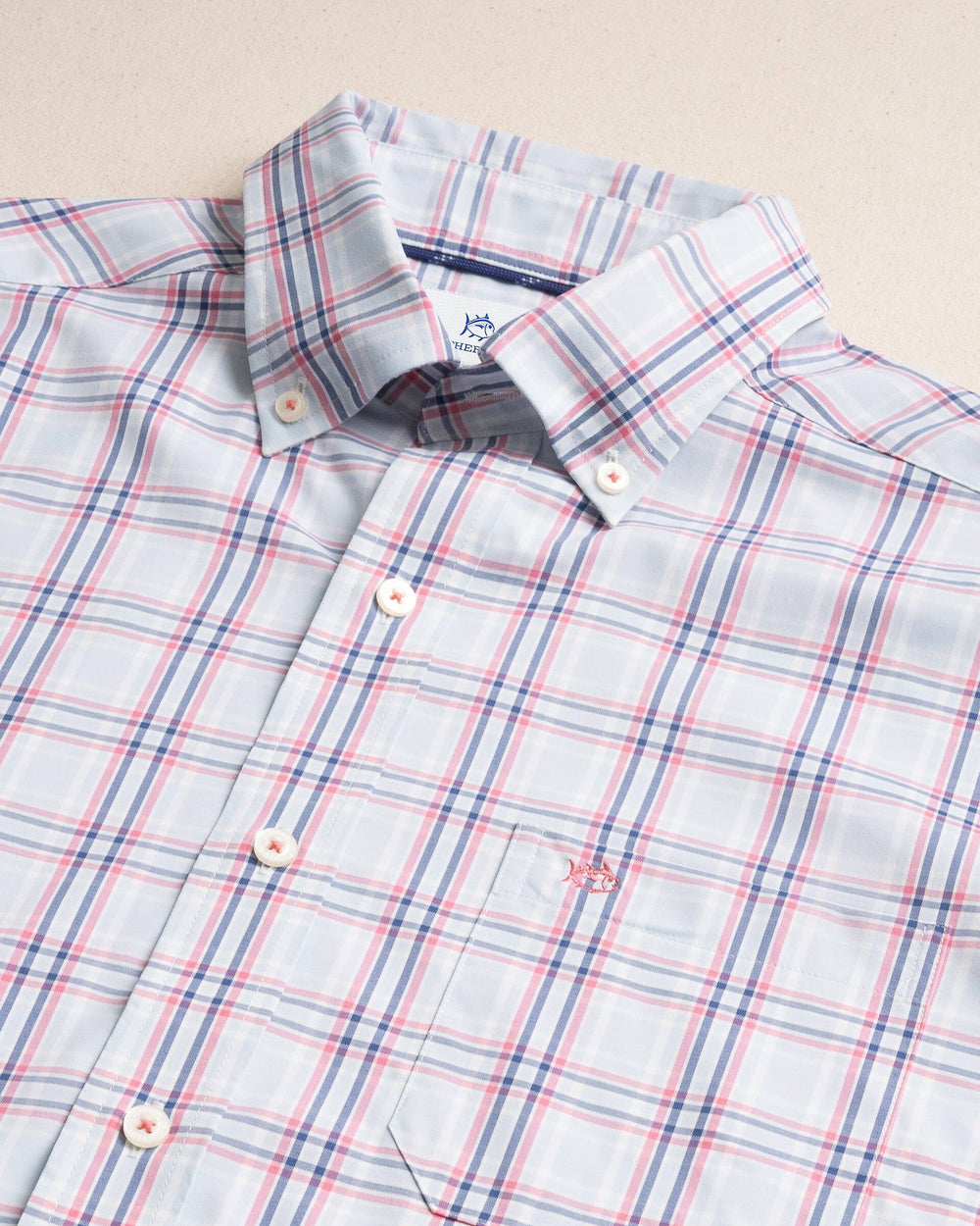 The detail view of the Southern Tide Schooner Cove Coastal Breeze® Sport Shirt by Southern Tide - Dewdrop Blue