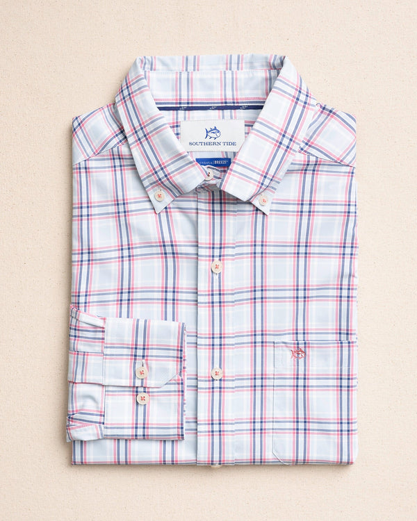 The front view of the Southern Tide Schooner Cove Coastal Breeze® Sport Shirt by Southern Tide - Dewdrop Blue