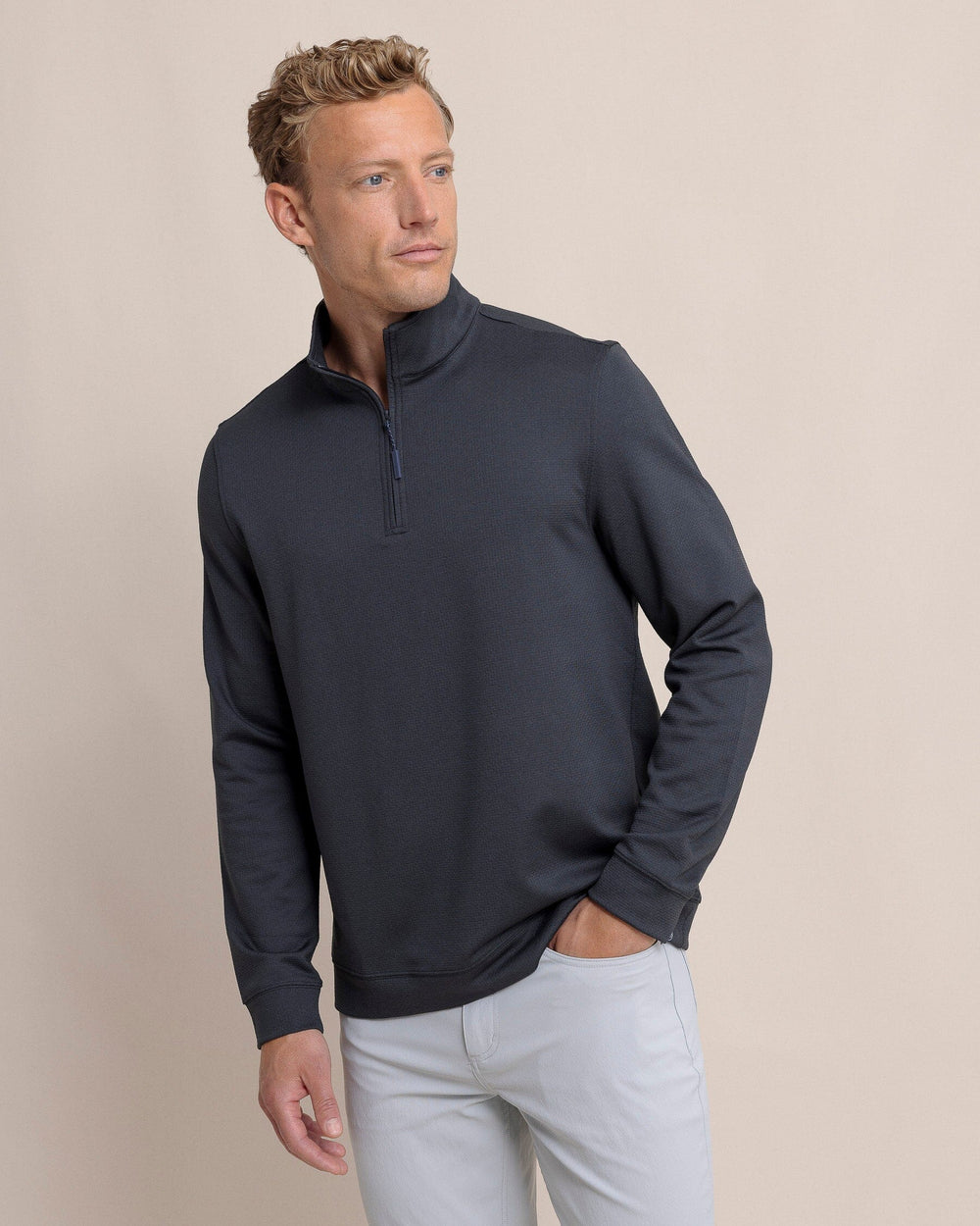 The front view of the Southern Tide Schooner Long Sleeve Quarter Zip by Southern Tide - Caviar Black