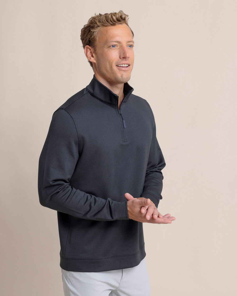 The front view of the Southern Tide Schooner Long Sleeve Quarter Zip by Southern Tide - Caviar Black