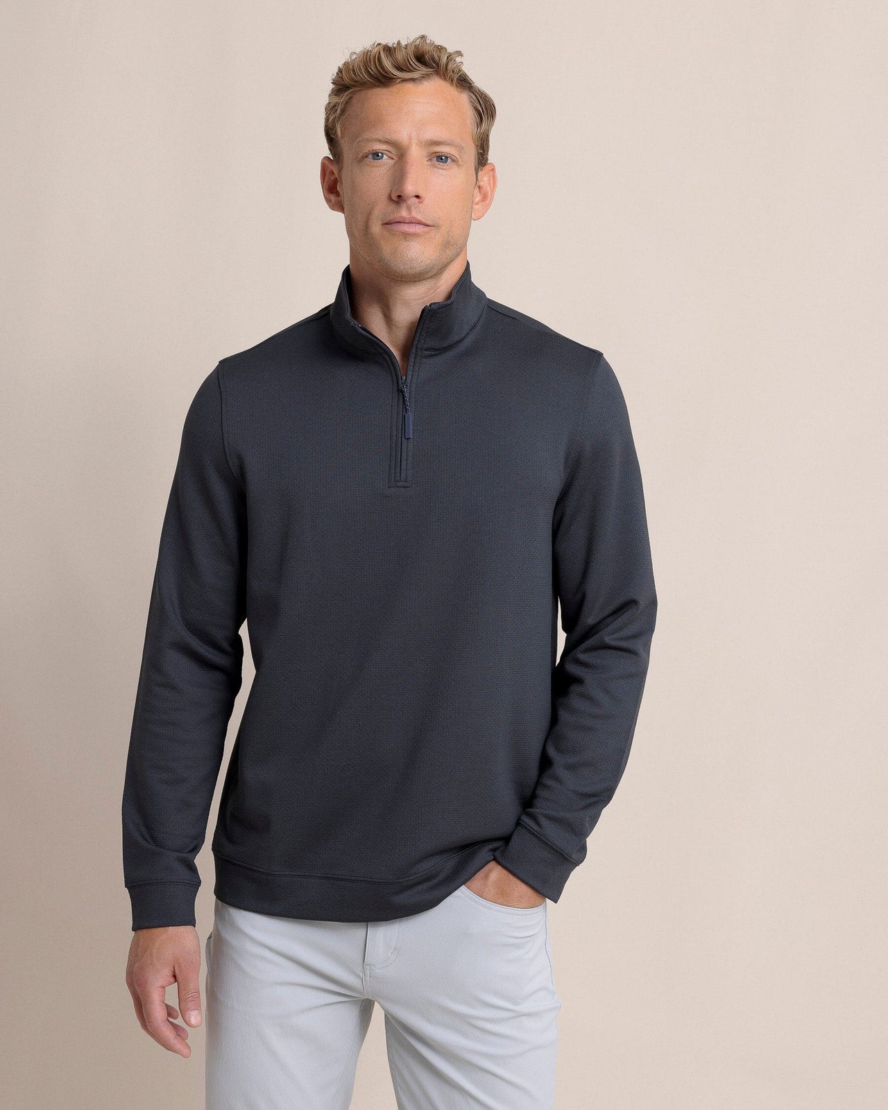 The front view of the Southern Tide Schooner Long Sleeve Quarter Zip by Southern Tide - Caviar Black