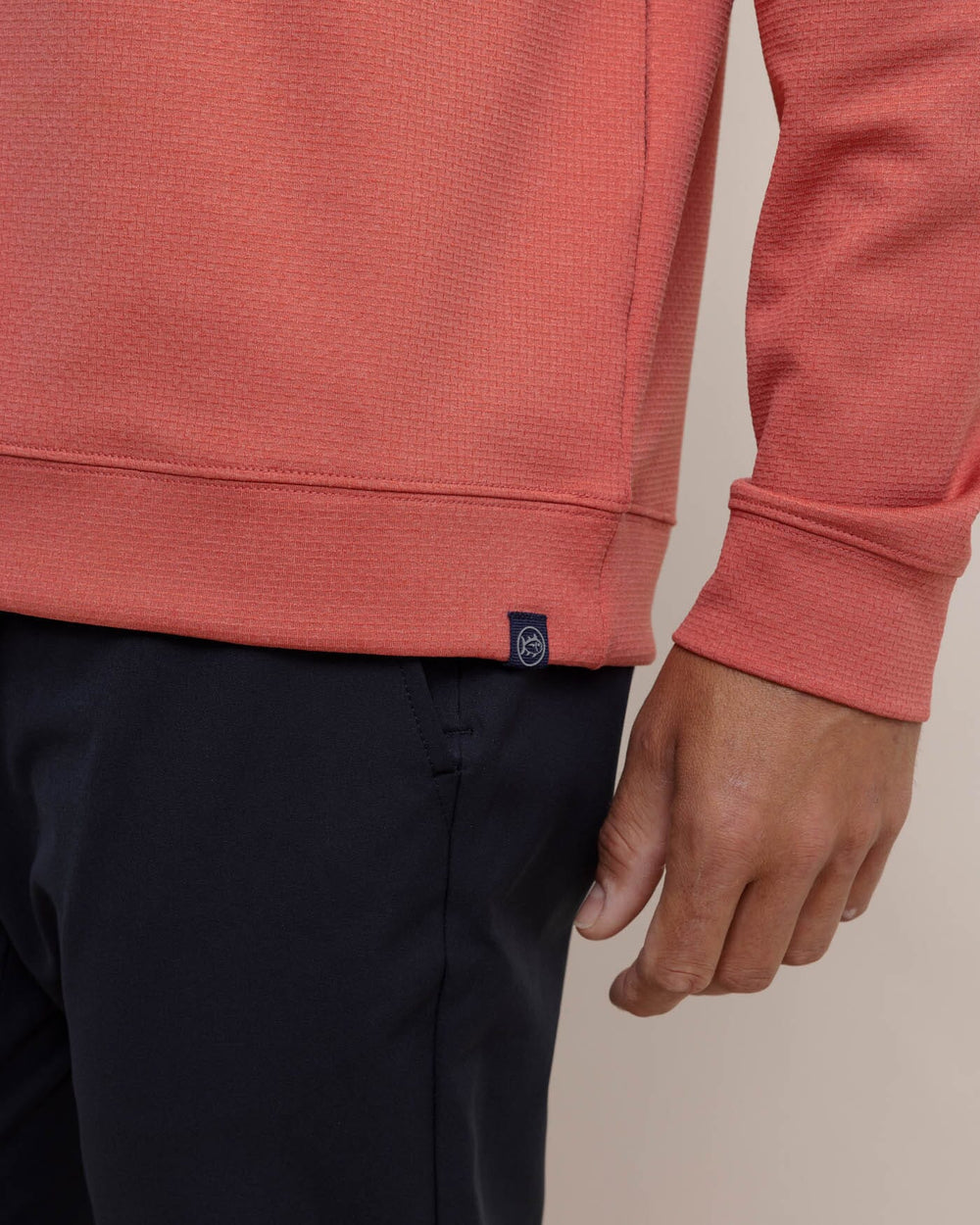 The detail view of the Southern Tide Schooner Long Sleeve Quarter Zip by Southern Tide - Mineral Red