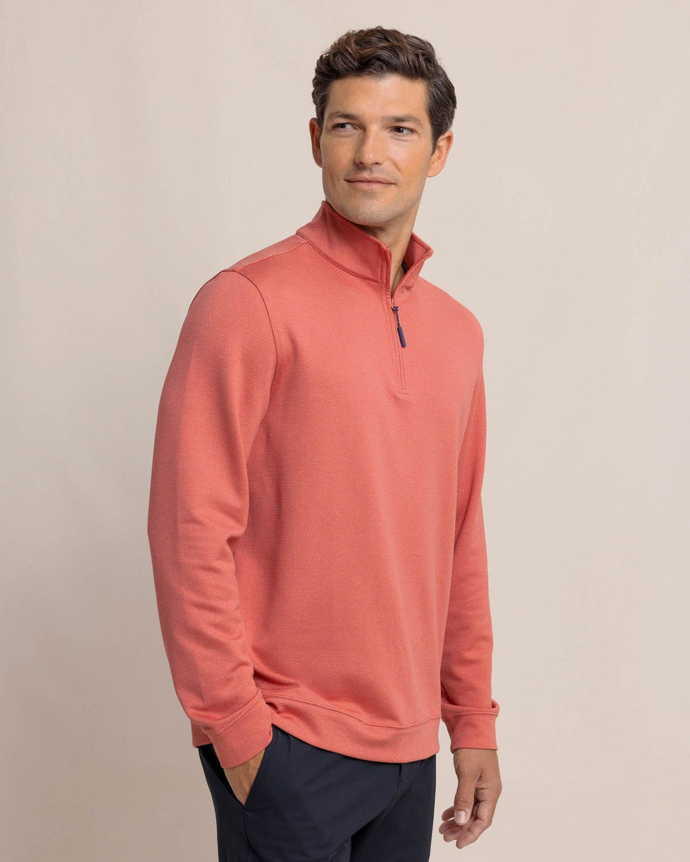 The front view of the Southern Tide Schooner Long Sleeve Quarter Zip by Southern Tide - Mineral Red