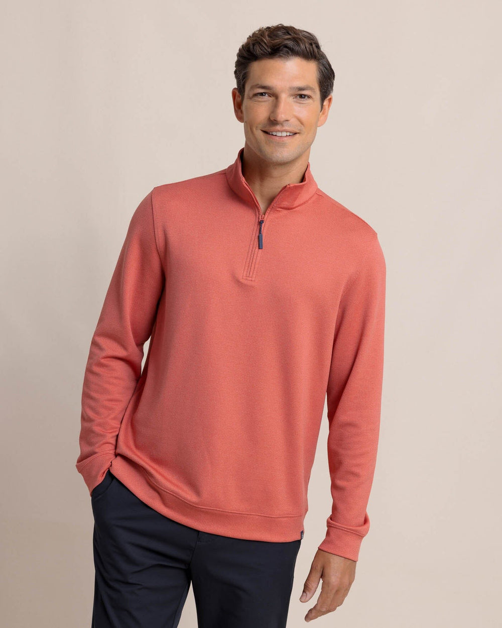 The front view of the Southern Tide Schooner Long Sleeve Quarter Zip by Southern Tide - Mineral Red