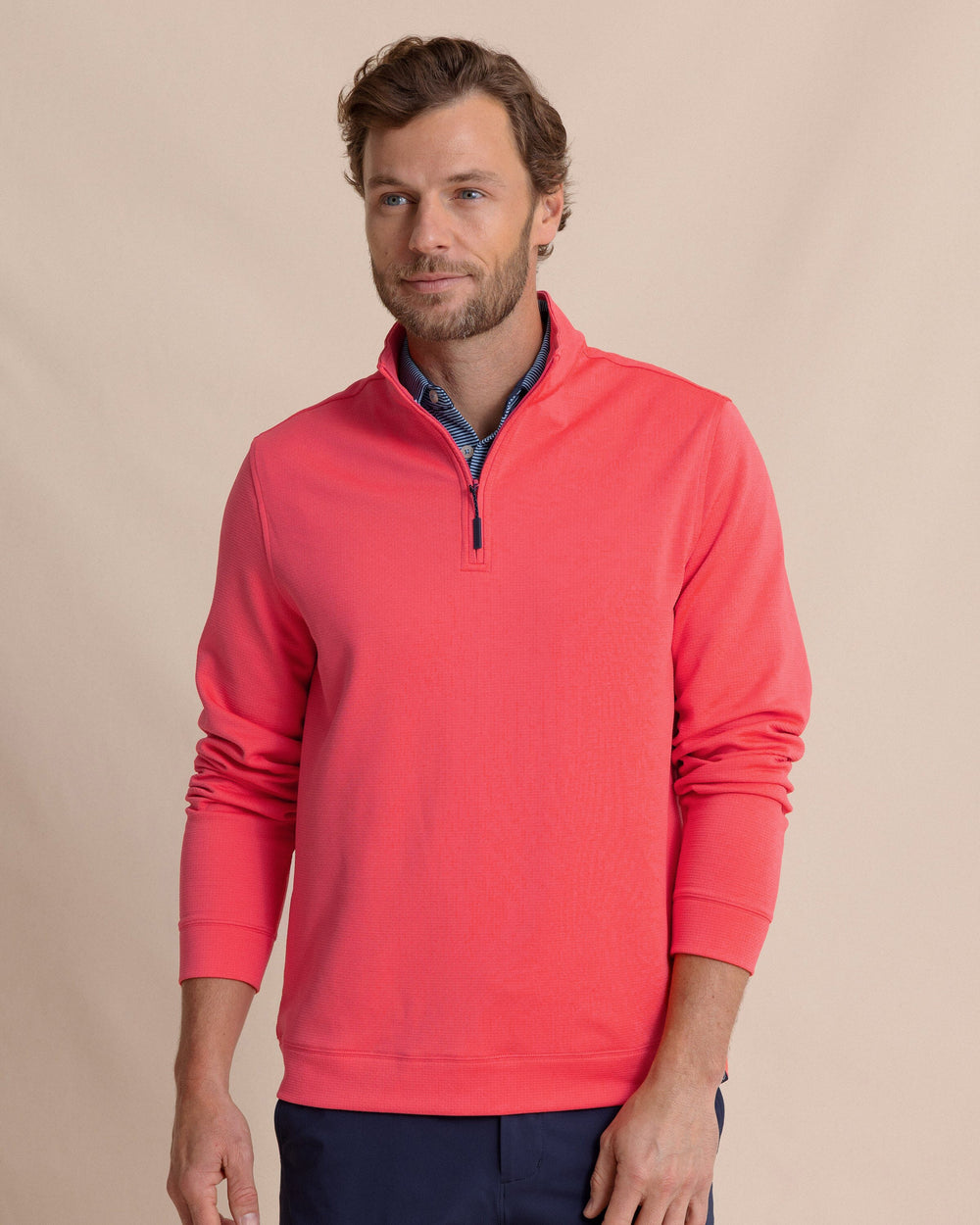 The front view of the Southern Tide Schooner Long Sleeve Quarter Zip by Southern Tide - Snapper