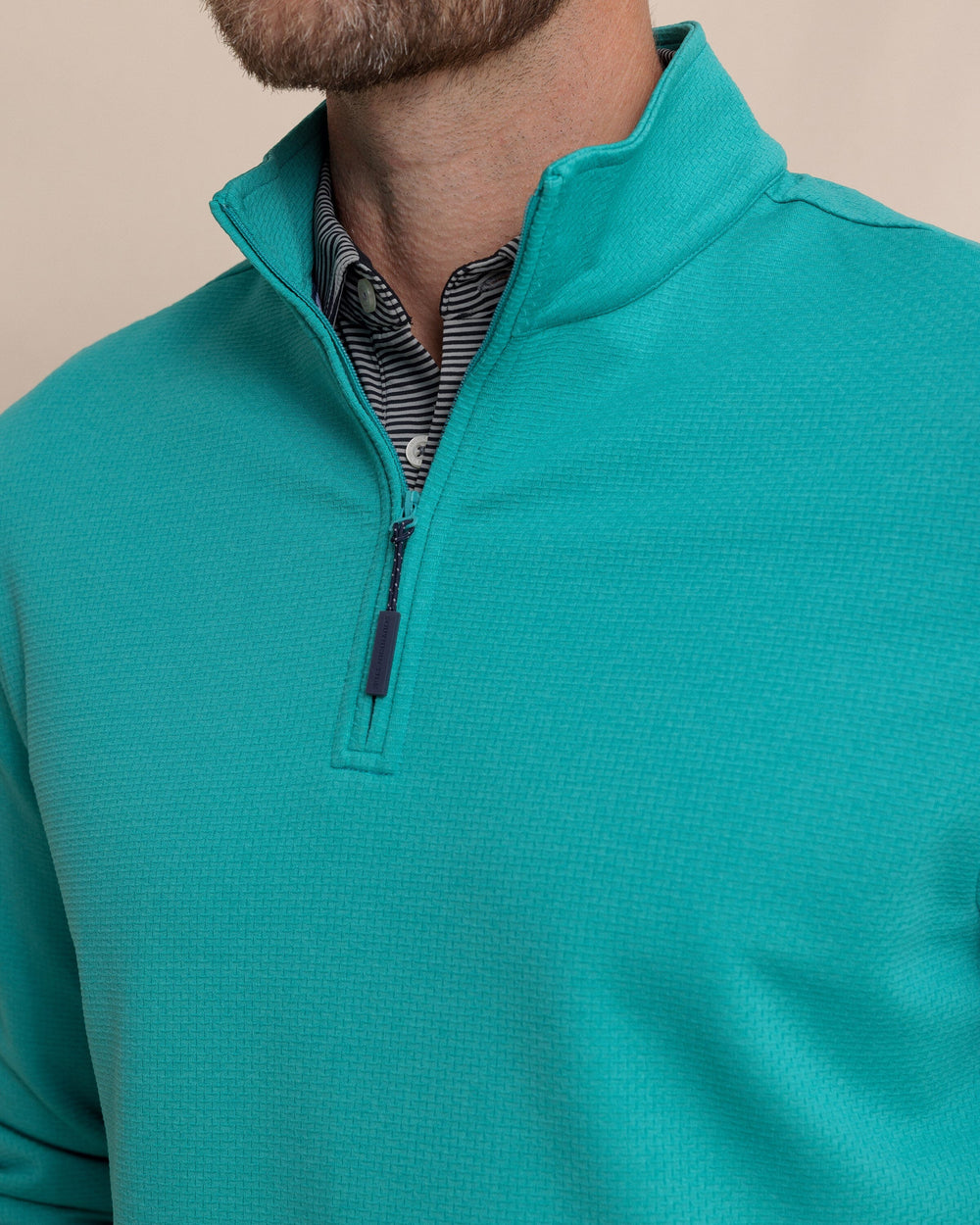 The detail view of the Southern Tide Schooner Long Sleeve Quarter Zip by Southern Tide - Spruce Shade