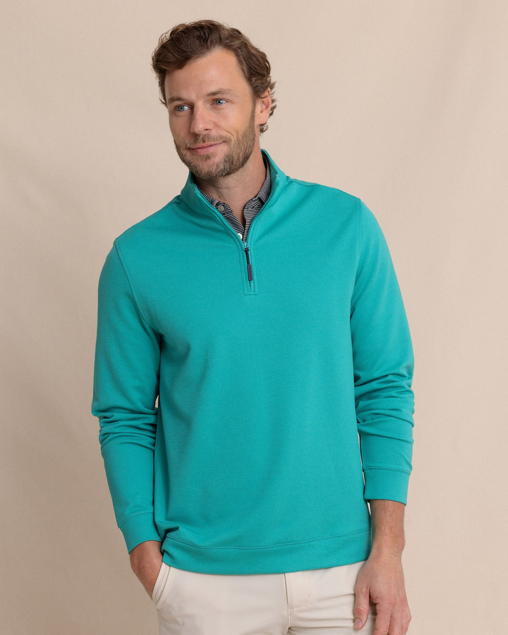 The front view of the Southern Tide Schooner Long Sleeve Quarter Zip by Southern Tide - Spruce Shade