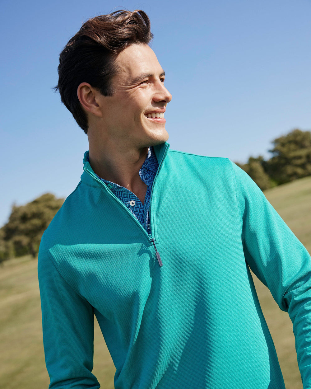 The lifestyle view of the Southern Tide Schooner Long Sleeve Quarter Zip by Southern Tide - Spruce Shade