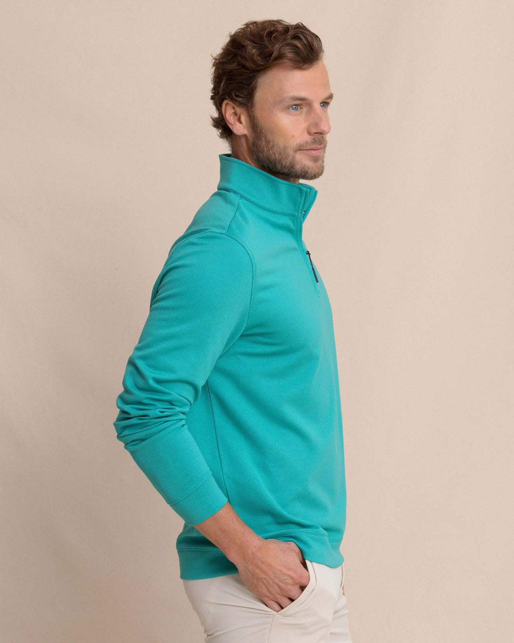 The side view of the Southern Tide Schooner Long Sleeve Quarter Zip by Southern Tide - Spruce Shade