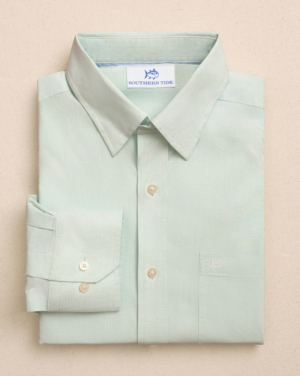 The front view of the Southern Tide Screen Porch Plaid Charleston Sport Shirt by Southern Tide - Green Ash