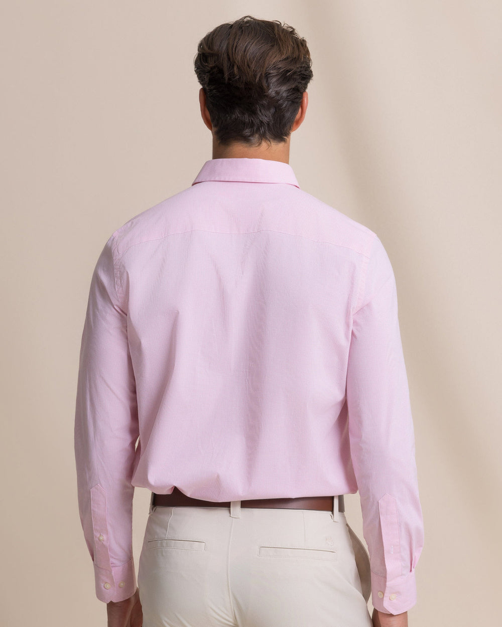 The back view of the Southern Tide Screen Porch Plaid Charleston Sport Shirt by Southern Tide - Sea Pink