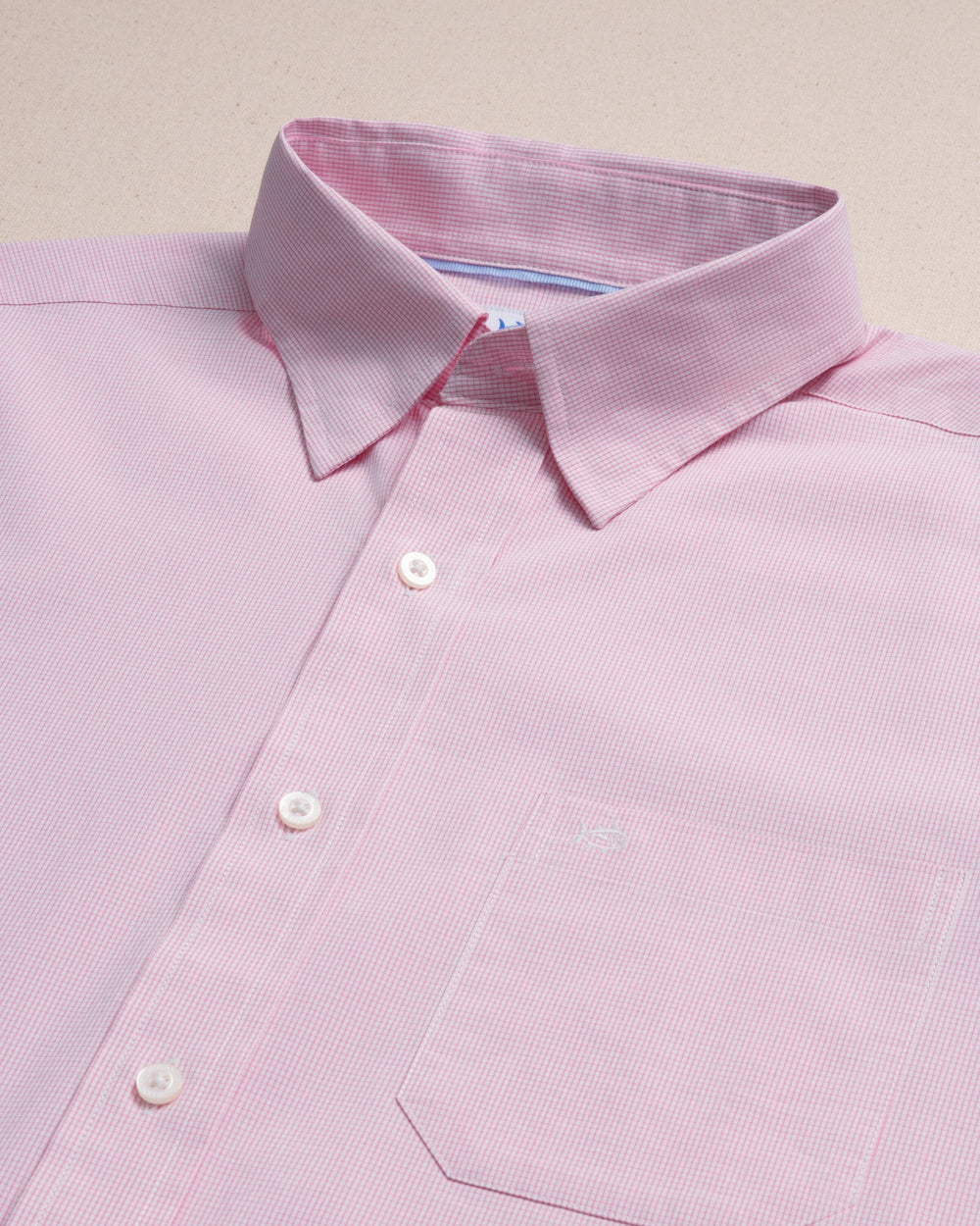 The detail view of the Southern Tide Screen Porch Plaid Charleston Sport Shirt by Southern Tide - Sea Pink