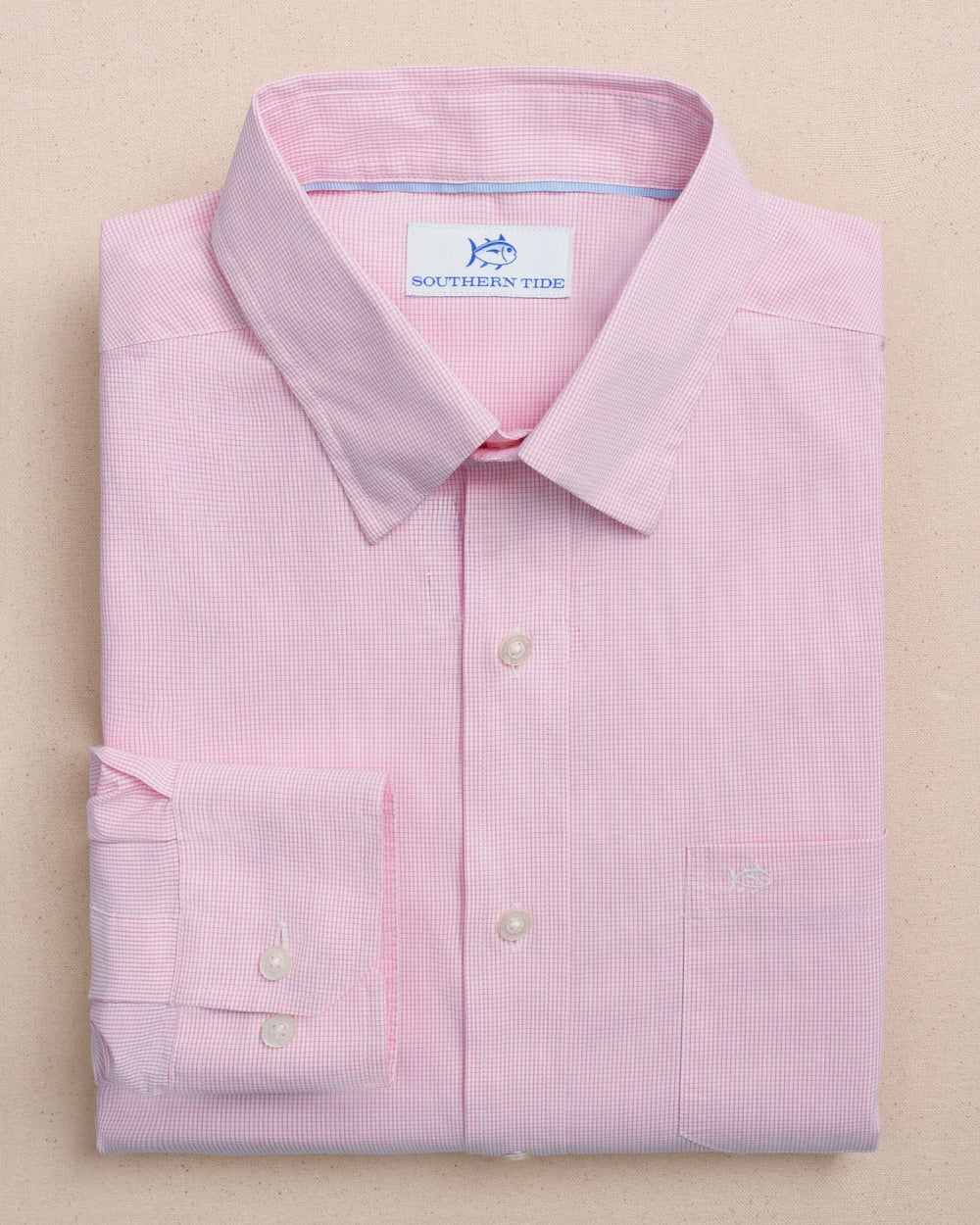 The front view of the Southern Tide Screen Porch Plaid Charleston Sport Shirt by Southern Tide - Sea Pink