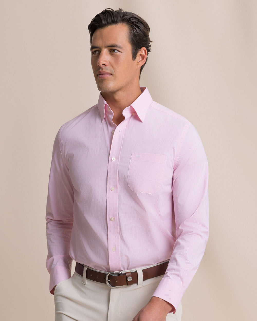 The front view of the Southern Tide Screen Porch Plaid Charleston Sport Shirt by Southern Tide - Sea Pink