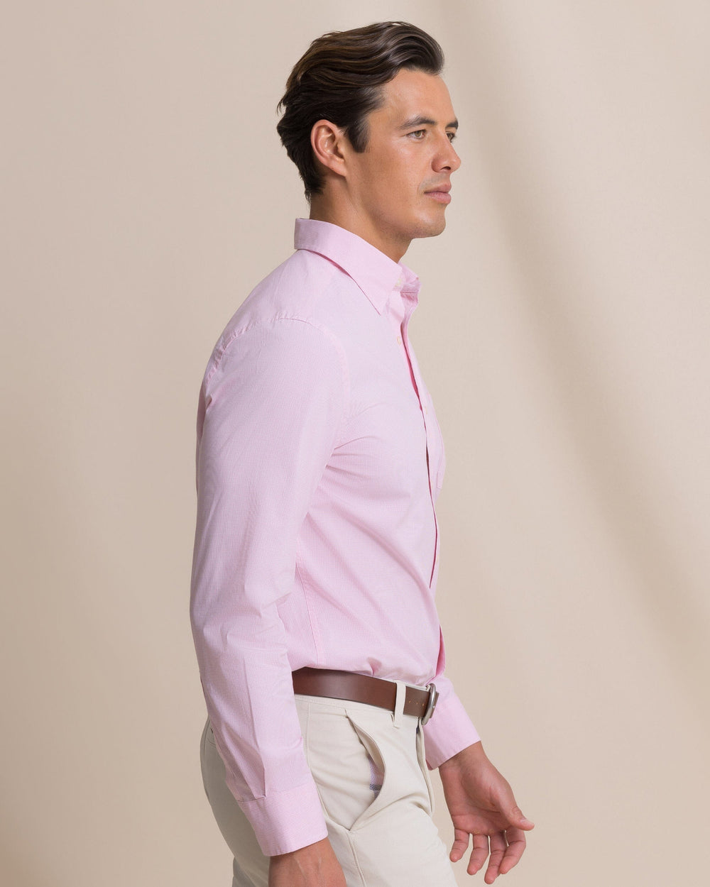 The side view of the Southern Tide Screen Porch Plaid Charleston Sport Shirt by Southern Tide - Sea Pink