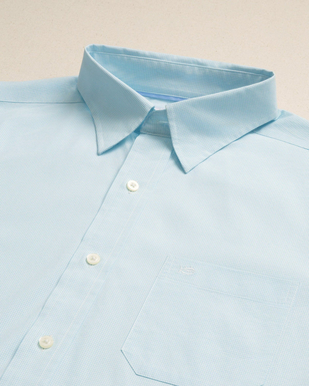 The detail view of the Southern Tide Screen Porch Plaid Charleston Sport Shirt by Southern Tide - Tropical Breeze Blue