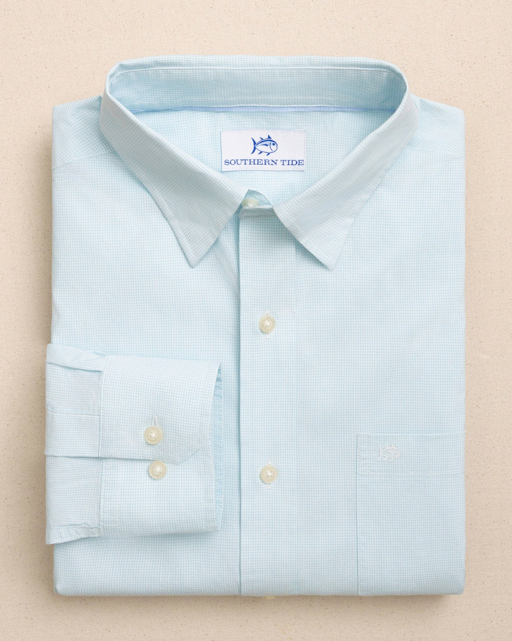 The front view of the Southern Tide Screen Porch Plaid Charleston Sport Shirt by Southern Tide - Tropical Breeze Blue