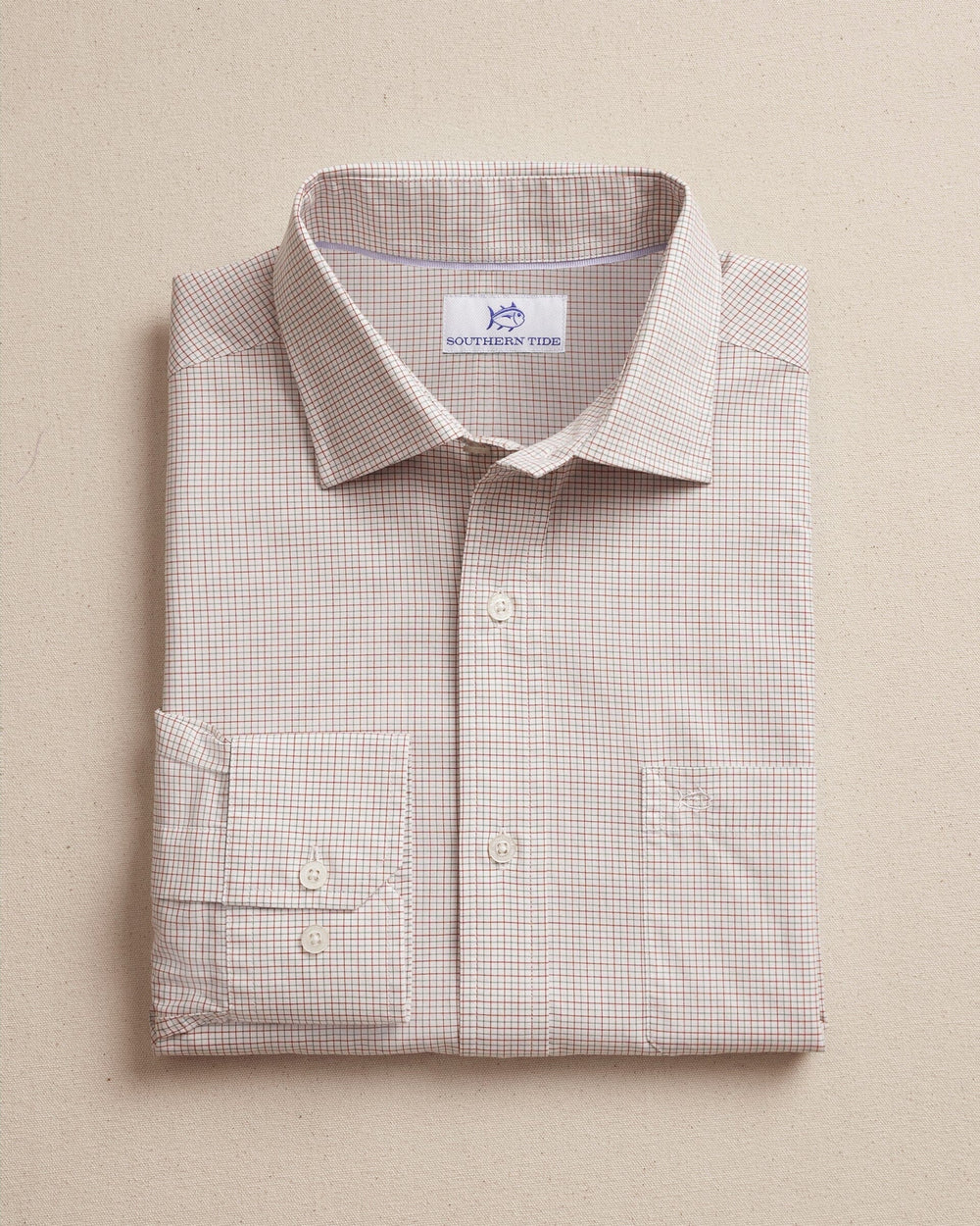 The front view of the Southern Tide Screen Porch Plaid Charleston Sport Shirt by Southern Tide - Salsa Red