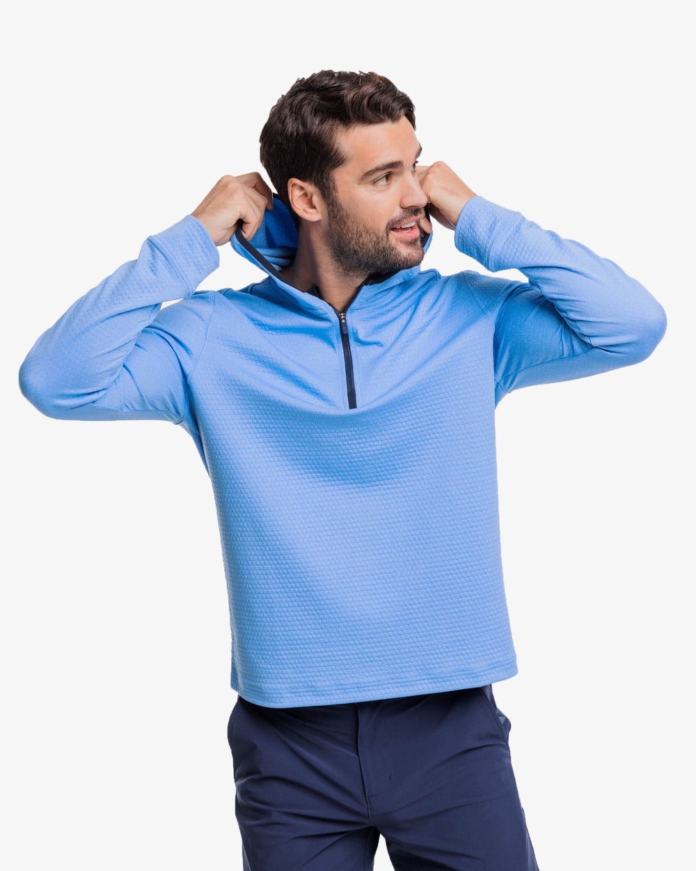 The front hood view of the Southern Tide Scuttle Heather Performance Quarter Zip Hoodie by Southern Tide - Heather Boat Blue