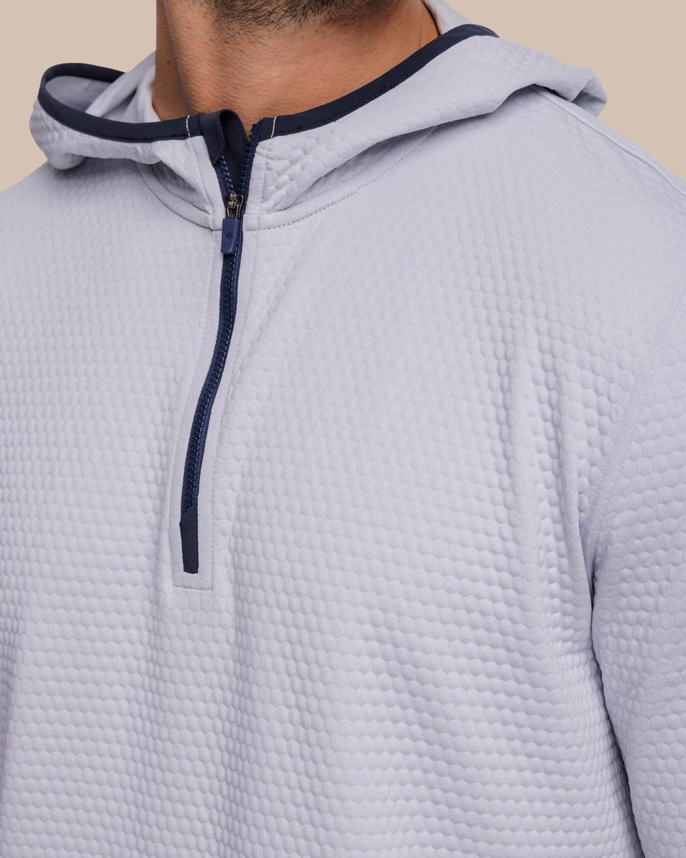 The detail view of the Southern Tide Scuttle Heather Performance Quarter Zip Hoodie by Southern Tide - Heather Slate Grey