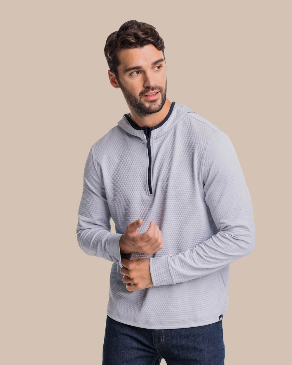 The front view of the Southern Tide Scuttle Heather Performance Quarter Zip Hoodie by Southern Tide - Heather Slate Grey