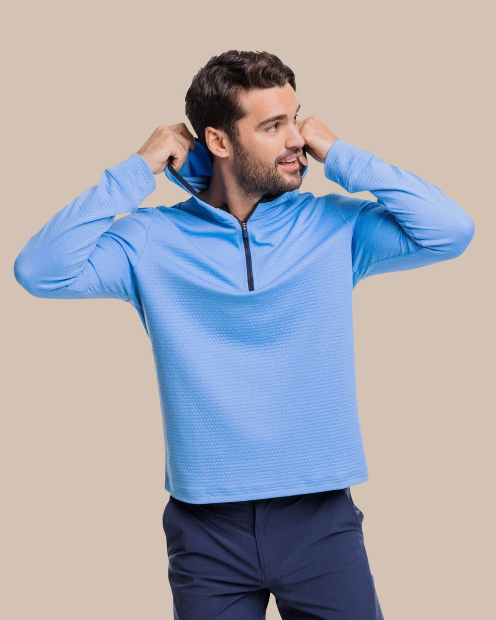 The front hood view of the Southern Tide Scuttle Performance Quarter Zip Hoodie by Southern Tide - Heather Boat Blue