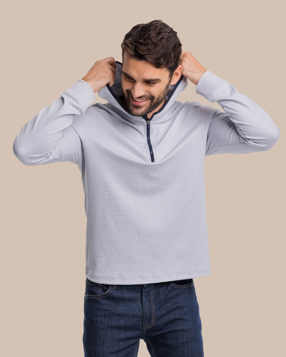 The front hood view of the Southern Tide Scuttle Performance Quarter Zip Hoodie by Southern Tide - Heather Slate Grey