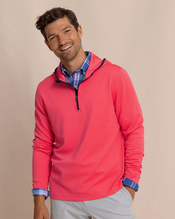 The front view of the Southern Tide Scuttle Performance Quarter Zip Hoodie by Southern Tide - Heather Snapper