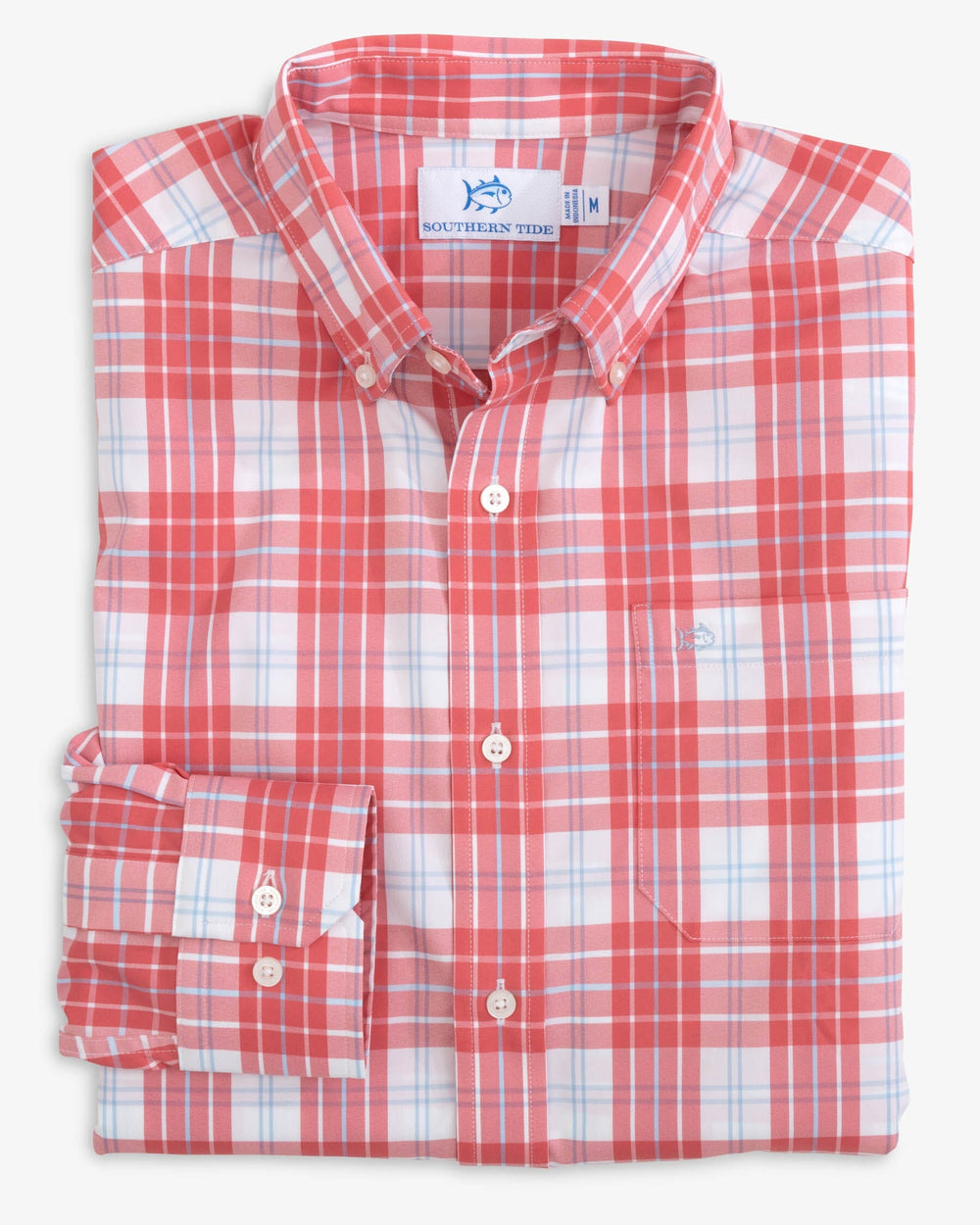 The folded view of the Southern Tide Seaglade Plaid Heather Intercoastal Long Sleeve Button Down Sport Shirt by Southern Tide - Rosewood Red