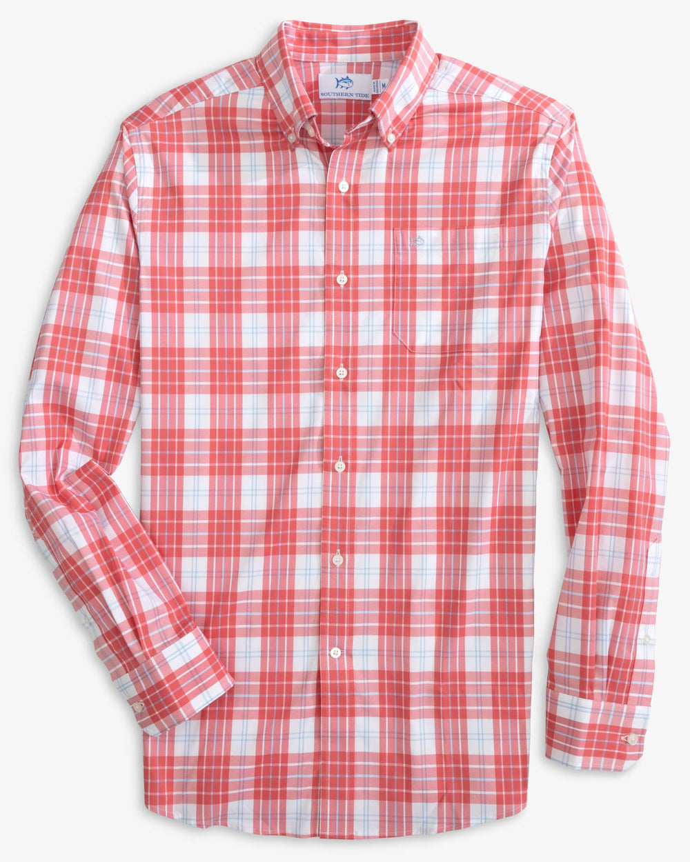 The front view of the Southern Tide Seaglade Plaid Heather Intercoastal Long Sleeve Button Down Sport Shirt by Southern Tide - Rosewood Red