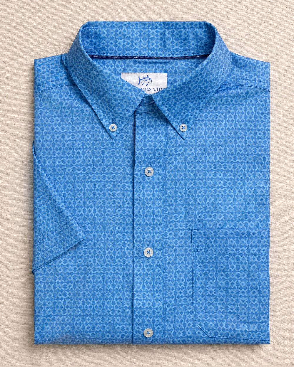 The front view of the Southern Tide Seaside Geo Coastal Breeze® Short Sleeve Sport Shirt by Southern Tide - Blue Stream