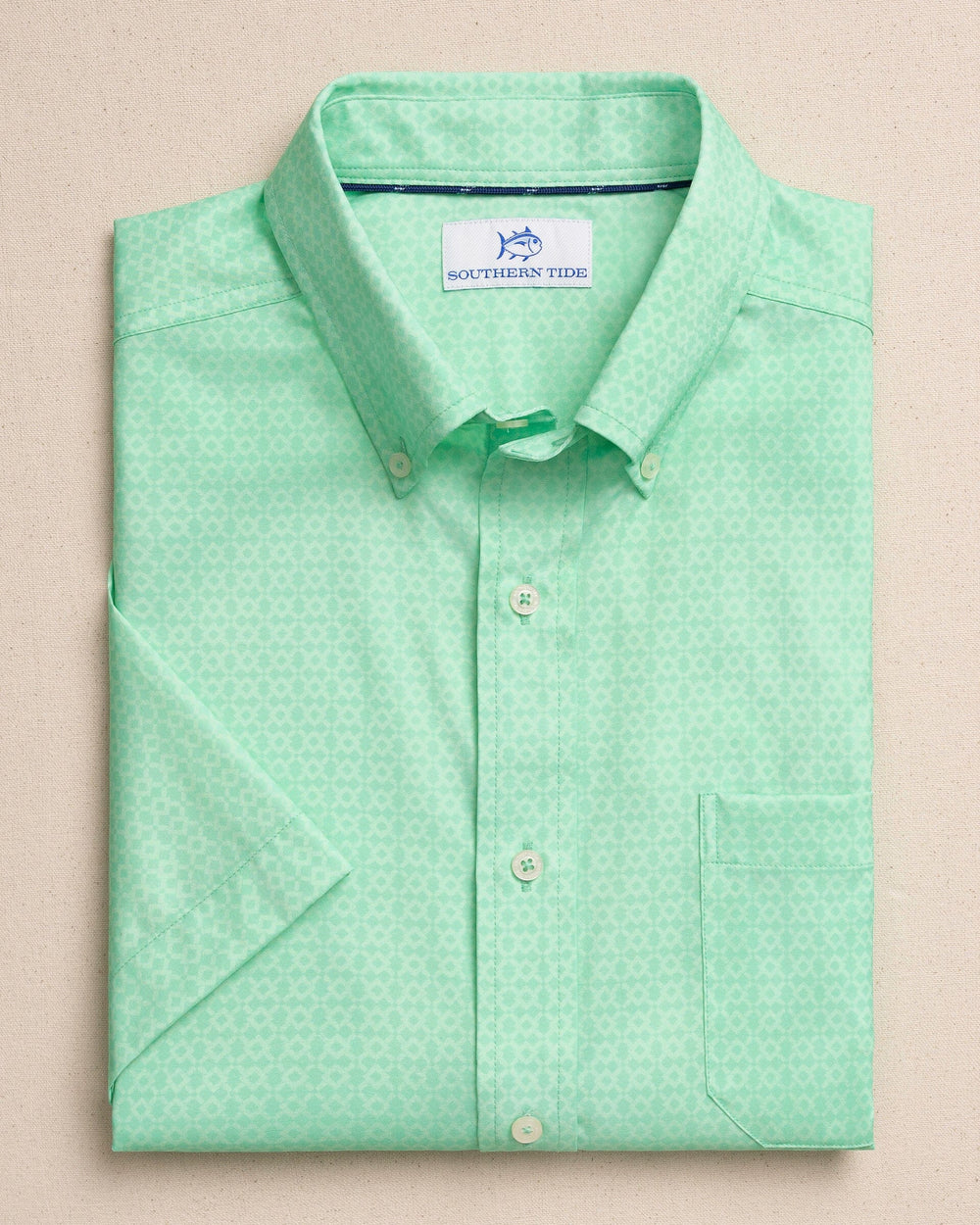 The front view of the Southern Tide Seaside Geo Coastal Breeze® Short Sleeve Sport Shirt by Southern Tide - Gulf Shores