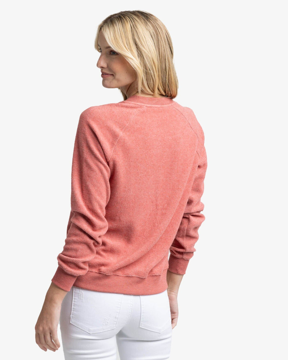 The back view of the Southern Tide Seaside Retreat Heather Sweatshirt by Southern Tide - Heather Dusty Coral