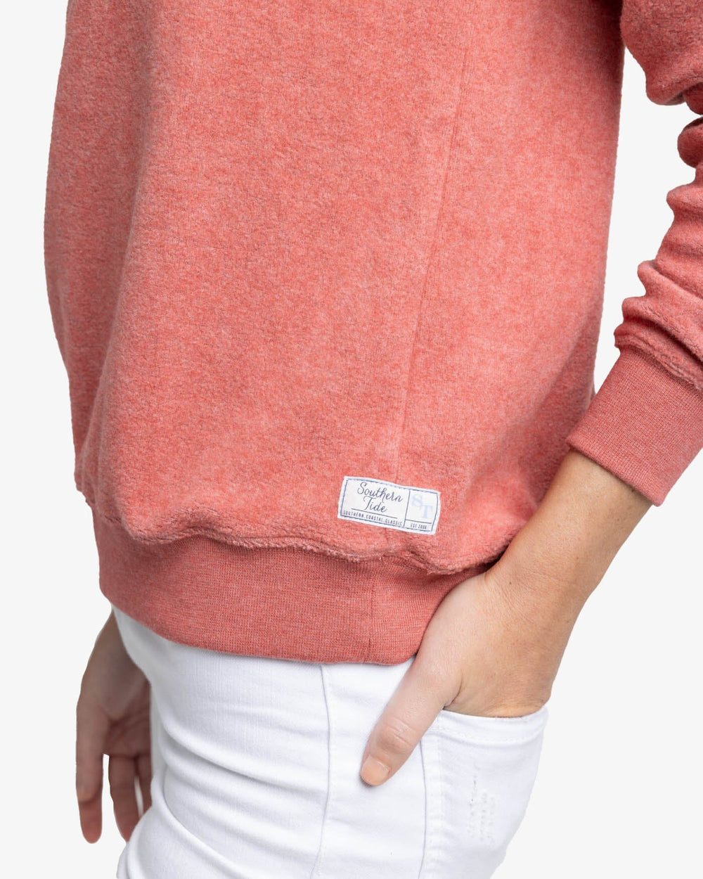 The detail view of the Southern Tide Seaside Retreat Heather Sweatshirt by Southern Tide - Heather Dusty Coral