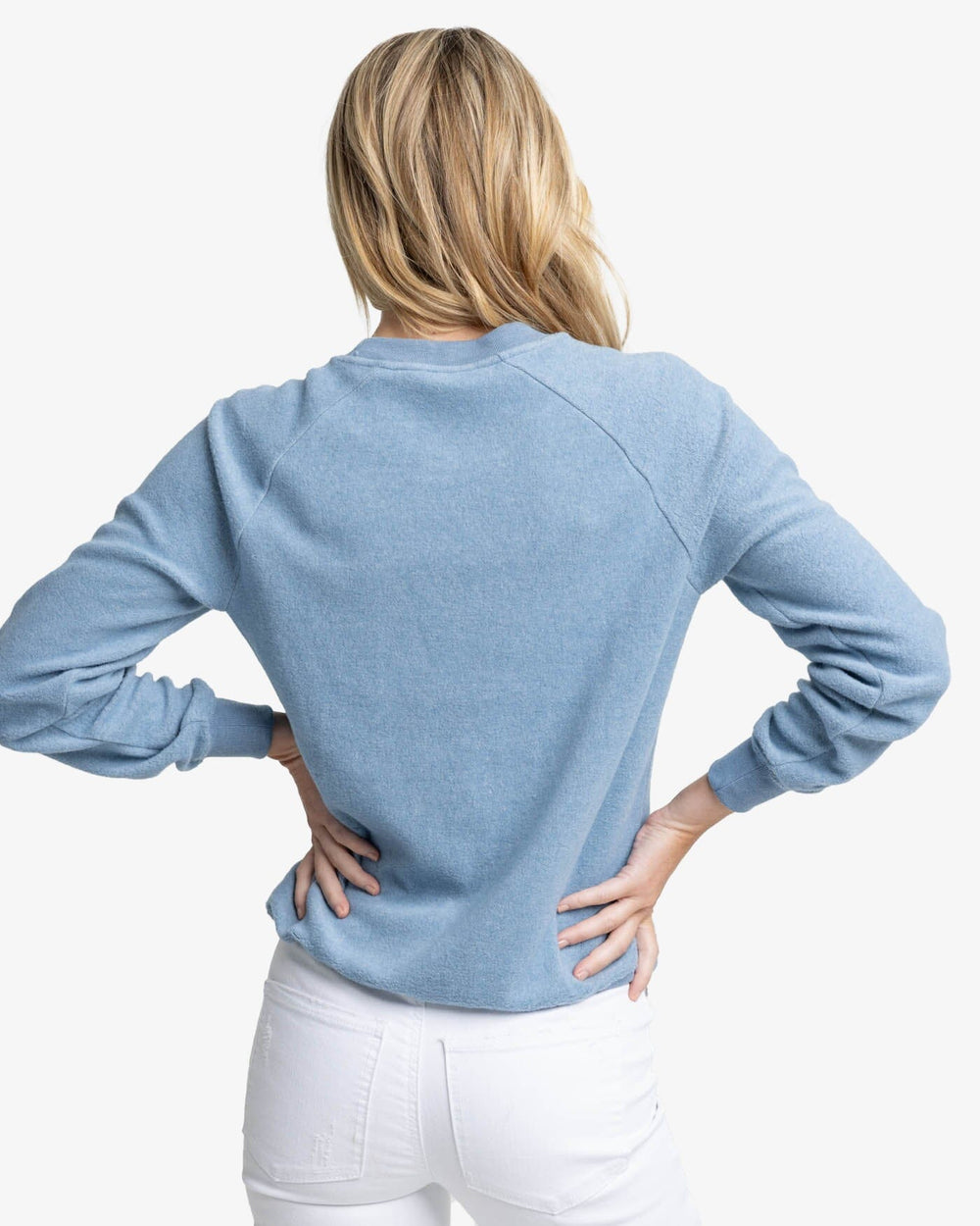 The back view of the Southern Tide Seaside Retreat Heather Sweatshirt by Southern Tide - Heather Mountain Spring Blue