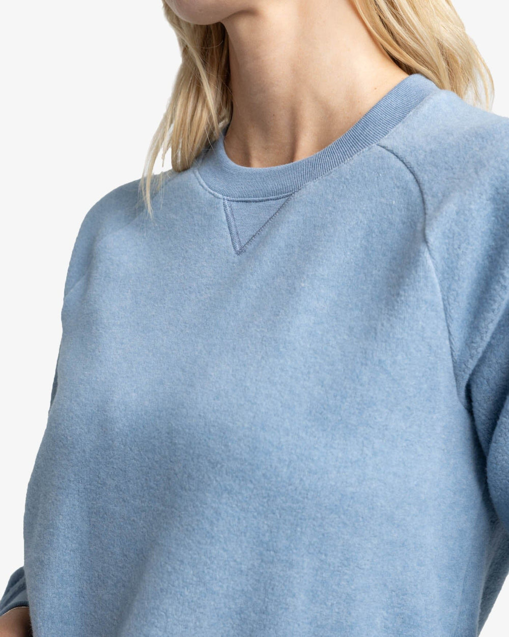 The detail view of the Southern Tide Seaside Retreat Heather Sweatshirt by Southern Tide - Heather Mountain Spring Blue